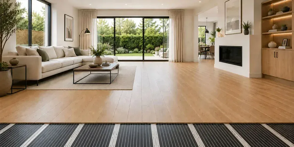Carbon film underfloor heating installed beneath a wood floor in Edinburgh