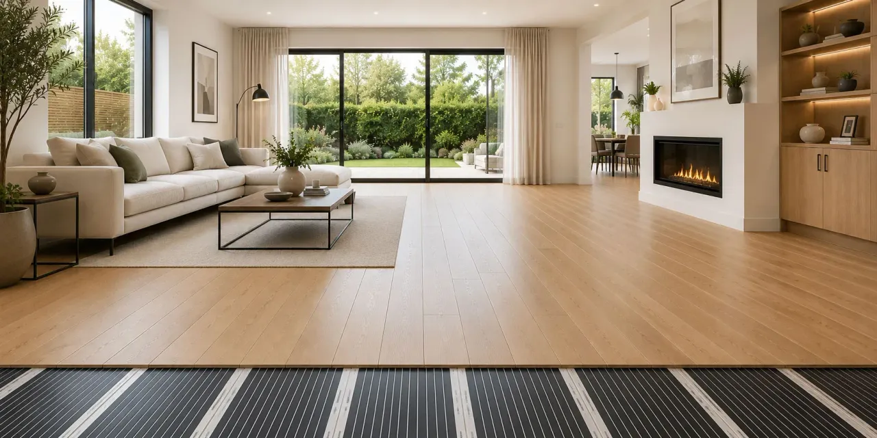 Carbon film underfloor heating installed beneath wood flooring