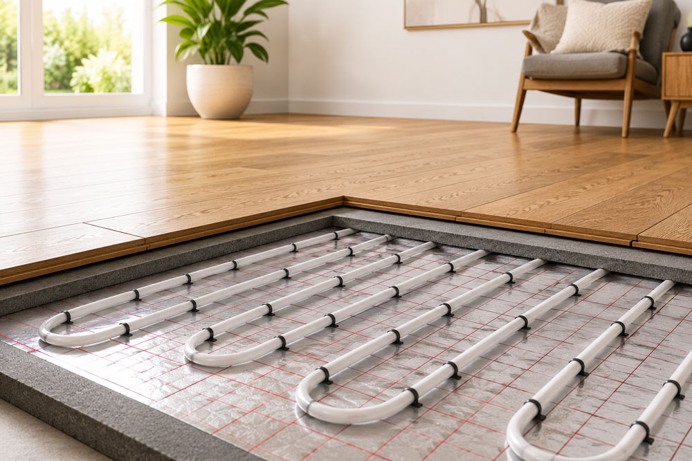 Warm water underfloor heating pipes beneath a new wood floor in an Edinburgh home